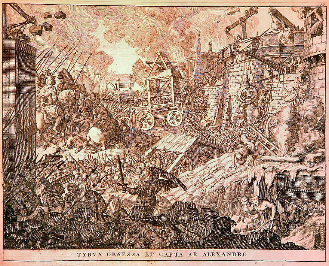 Ilustração de 1696 que mostra o cerco de Alexandre, o Grande, à ilha de Tiro.
