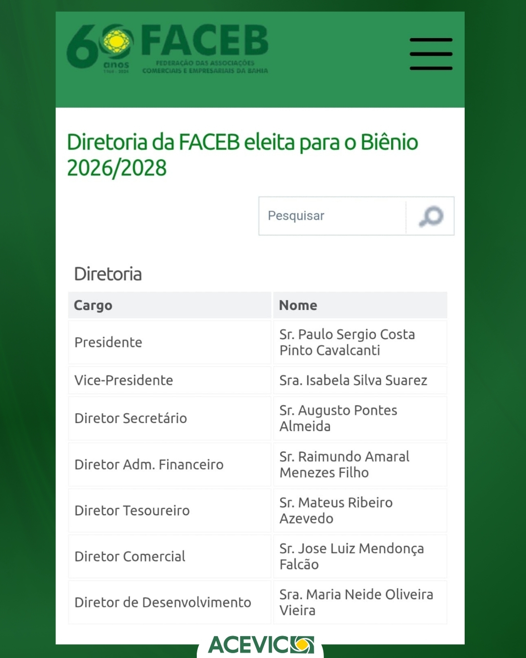 ACEVIC conquista espaço na nova diretoria da FACEB