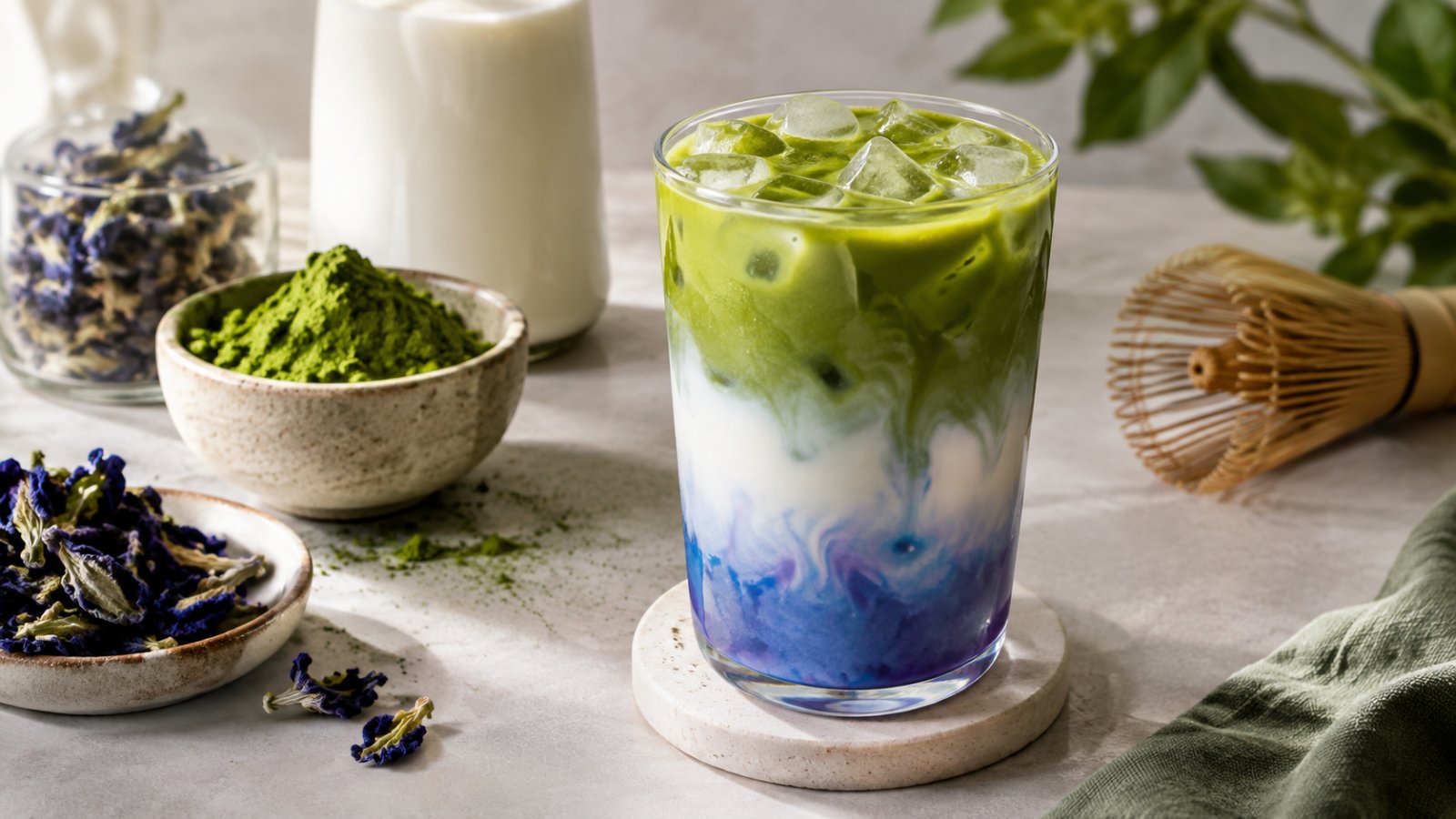 Iced Blue Matcha Latte com fada azul: receita vegana gelada