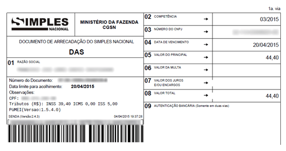 Exemplo de Documento de Arrecadação do Simples Nacional