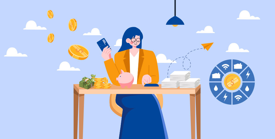 Ilustração retratando mulher utilizando de recursos financeiros para contabilização de crédito consignado
