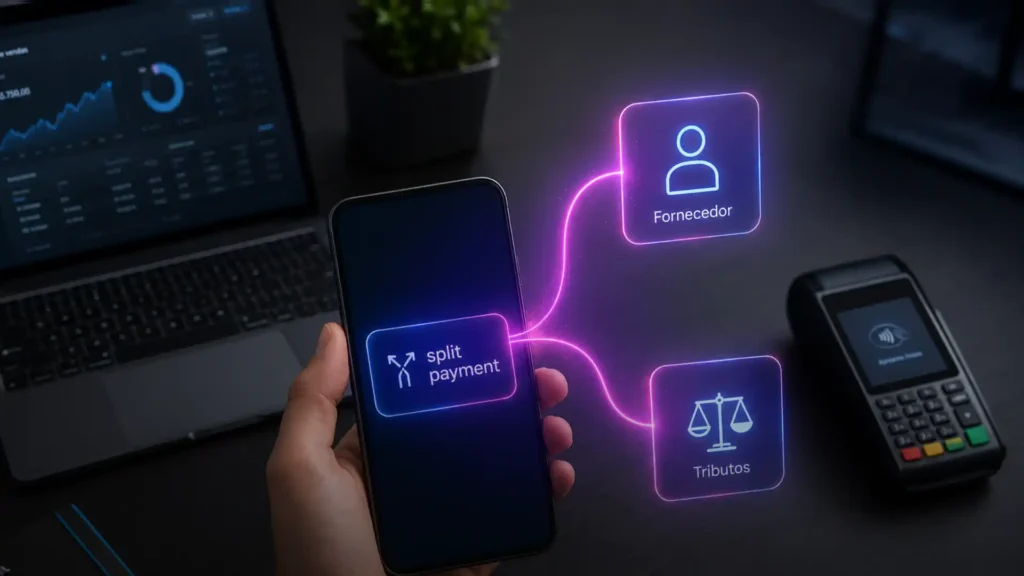 Uma mão segura um smartphone com a mensagem "split payment" (pagamento dividido) exibida. Linhas de neon roxas conectam o telefone a ícones virtuais flutuantes que mostram a divisão do pagamento para o "Fornecedor" e "Tributos".