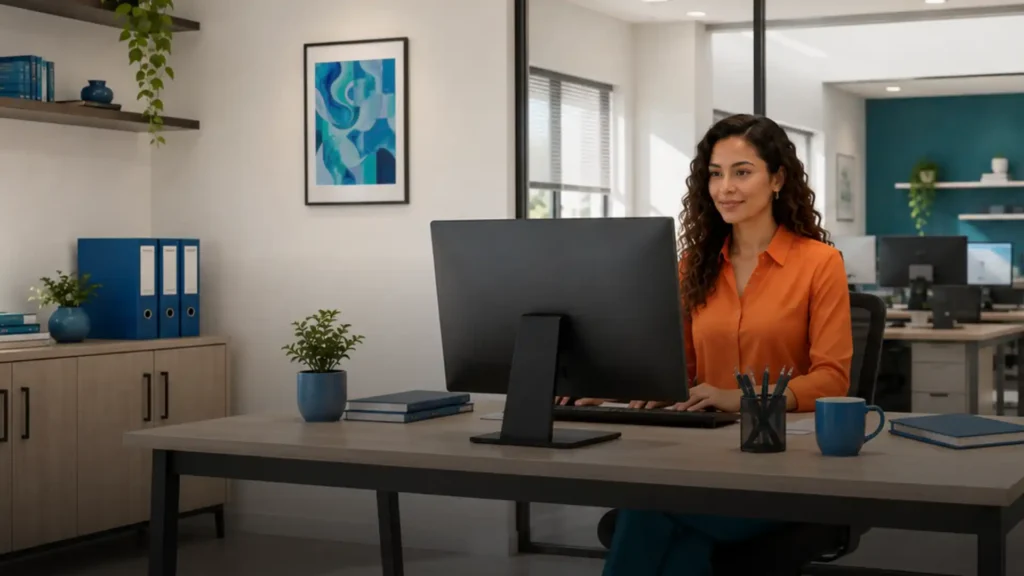 Profissional em seu escritório corporativo operando um sistema ERP para otimizar a gestão empresarial e a rotina contábil de sua equipe. A cena transmite eficiência e tranquilidade no controle de processos internos através da automação de software.