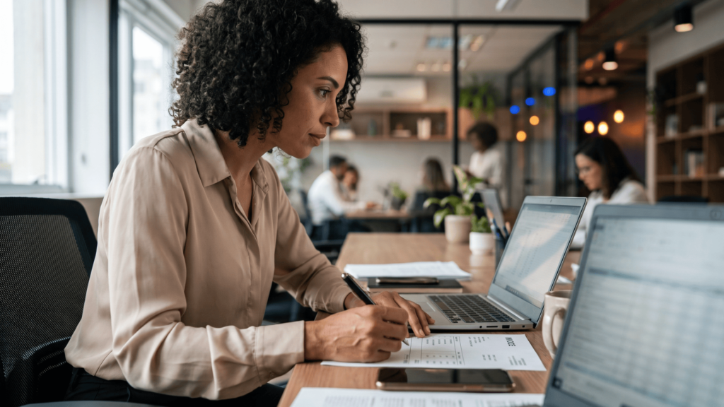 Profissional analisa notas de crédito e débito no escritório enquanto utiliza o notebook para conferência no sistema. A imagem destaca a rotina de gestão financeira e controle contábil eficiente em um ambiente empresarial corporativo.