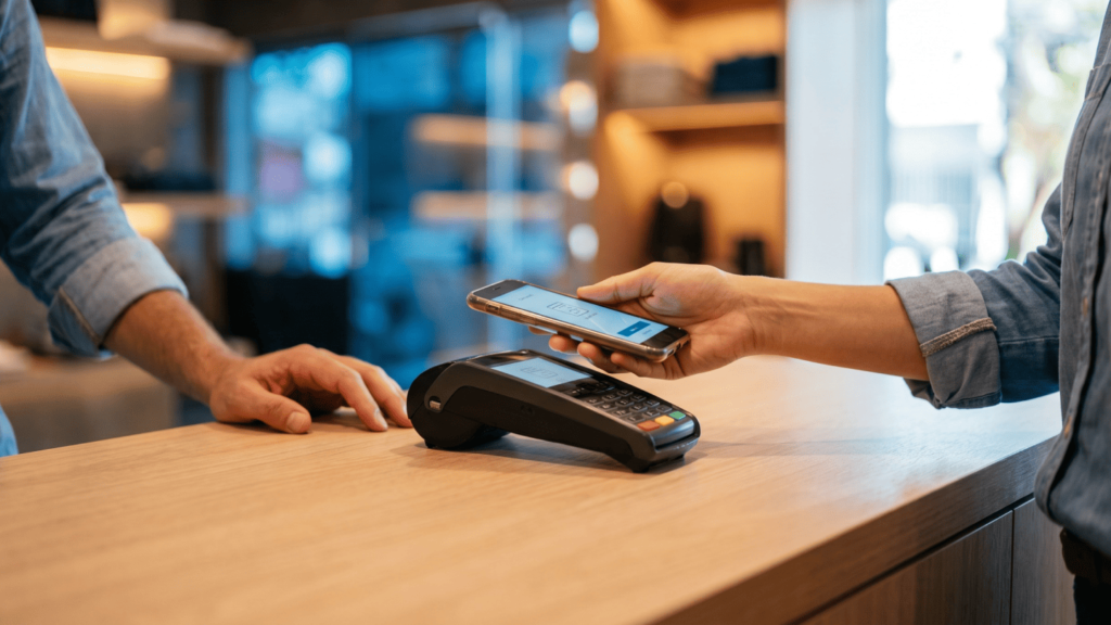 Cliente realiza pagamento por aproximação em ponto de venda com split payment, ilustrando como funciona a retenção de impostos e a automação do fluxo de caixa na venda parcelada.