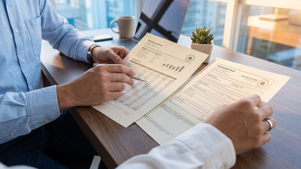 Profissional analisa relatórios e documentos fiscais para realizar a apuração assistida em um ambiente corporativo. O processo envolve a conferência precisa de dados financeiros e tributários, essencial para a gestão empresarial e o cumprimento de obrigações fiscais.