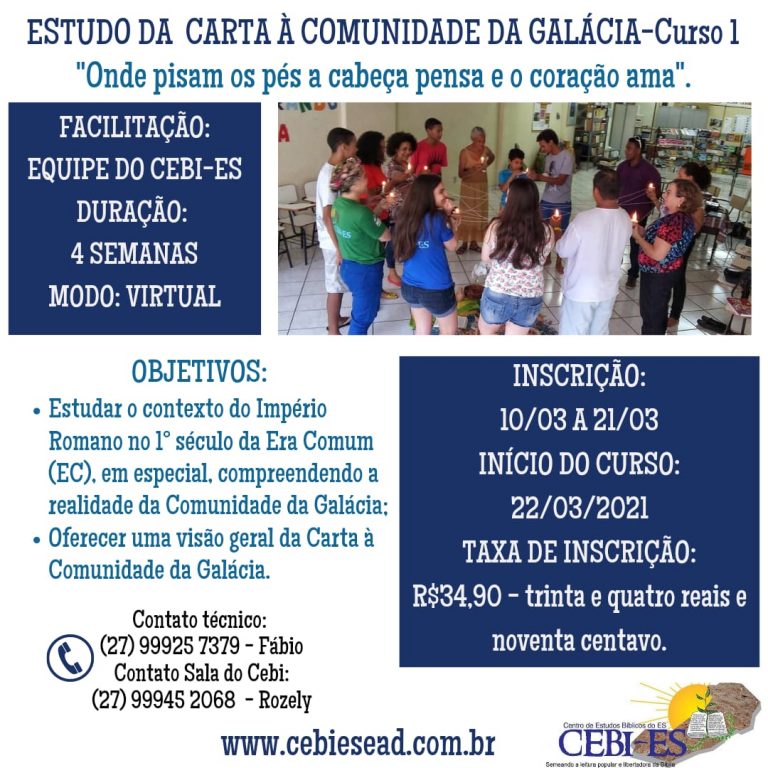 CEBI ES abre inscrição para Curso "Estudo da Carta à Comunidade da Galácia "