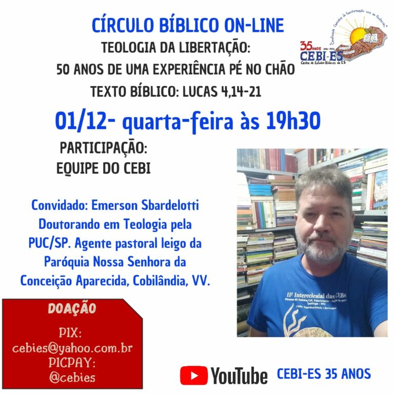 Círculo Bíblico do CEBI ES refletirá nesta quarta (01) sobre os 50 anos da obra Teologia da Libertação, de Gustava Gutiérrez