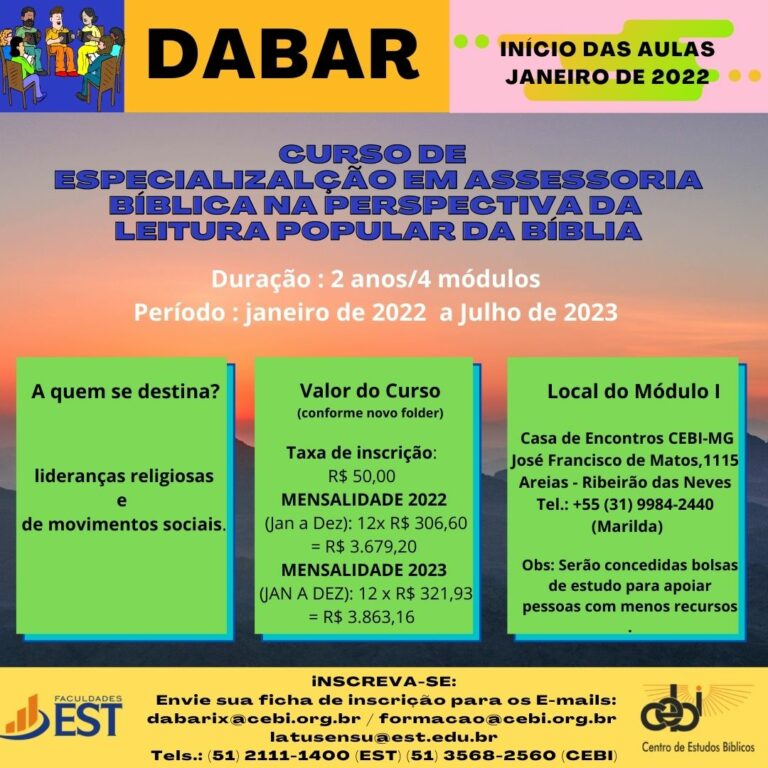 CEBI e Faculdades EST voltam a oferecer o DABAR 2022-2023 - Inscrições abertas até esta semana, 9 de dezembro