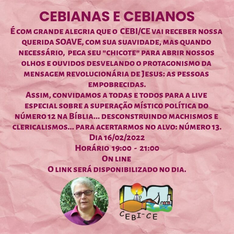 CEBI Ceará realiza HOJE,16, formação com Maria Soave