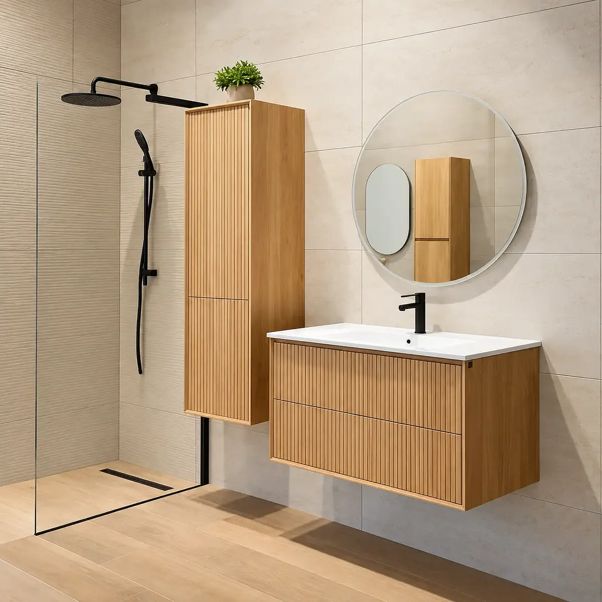 Mueble Suspendido Slot Acanalado Natural 81 cm Incluye Lavamanos