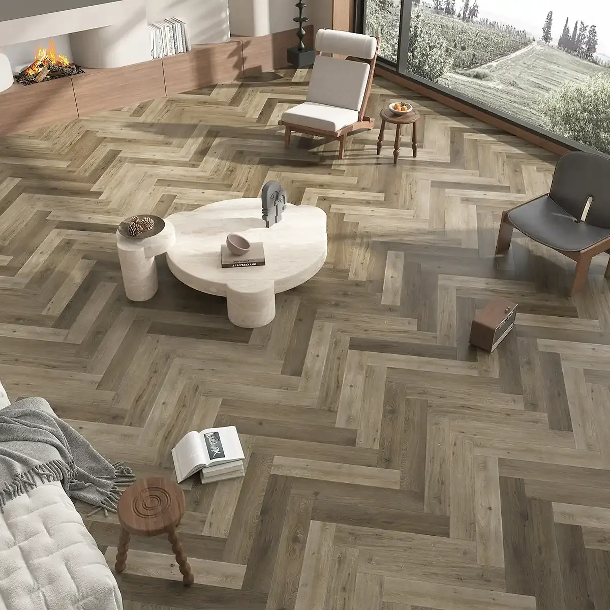 Piso Vinílico SPC Herringbone London Grey Oak 64x13