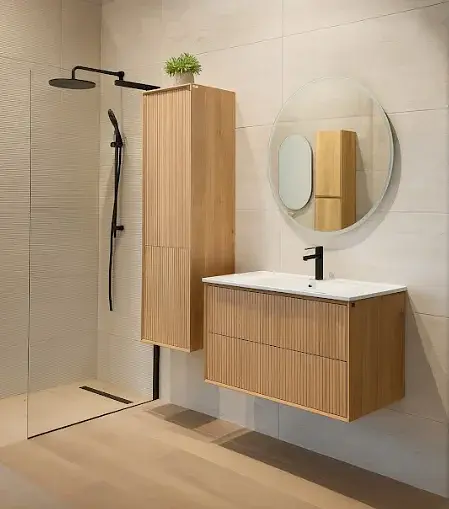 Mueble Suspendido Slot Acanalado Natural 61 cm Incluye Lavamanos