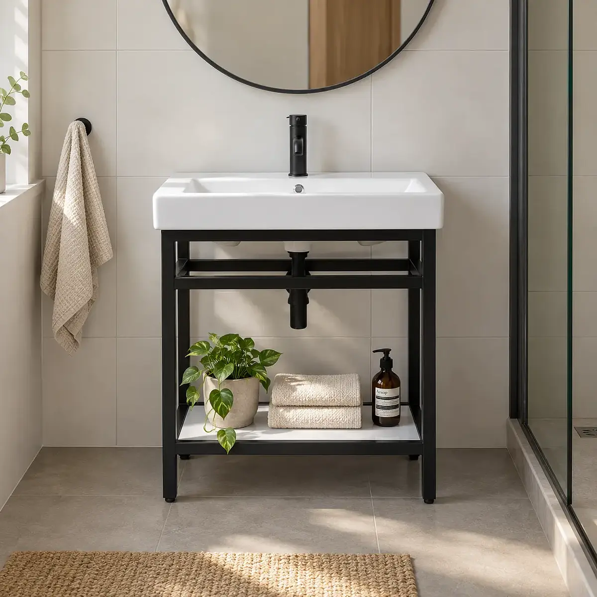 Mueble de Baño Asten a Piso 58 cm Negro Mate con Lavamanos
