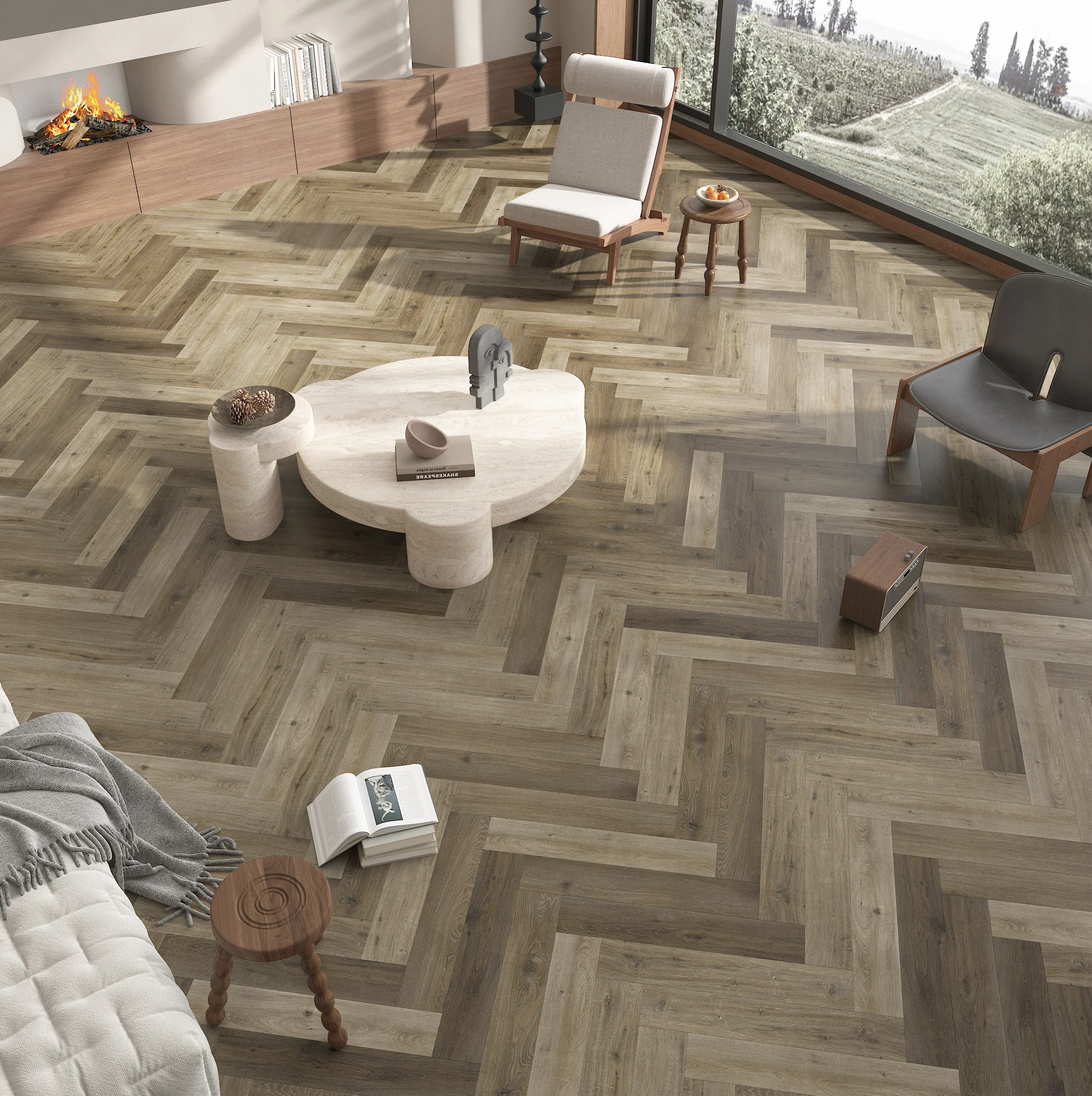 Piso Vinílico SPC Herringbone London Grey Oak 64x13