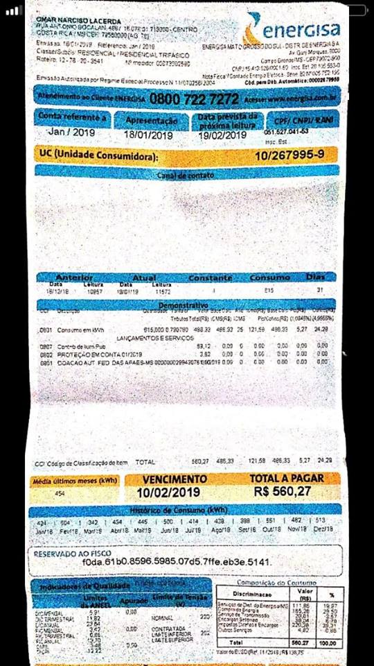 Energia Elétrica R$ 560,27: Energisa cobra preços absurdos em Costa Rica