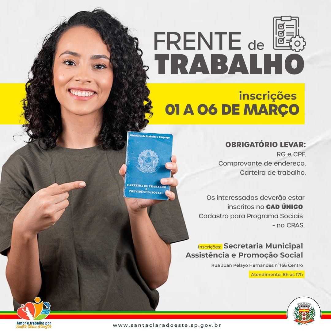 Santa Clara D’Oeste abre novas vagas para Frente de Trabalho