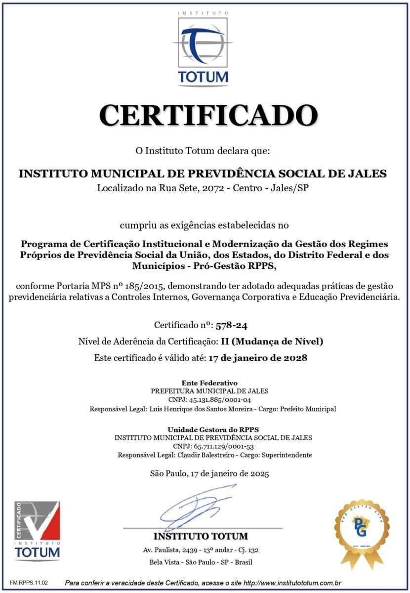 IMPS Jales conquista certificação Pró-Gestão RPPS Nível 2