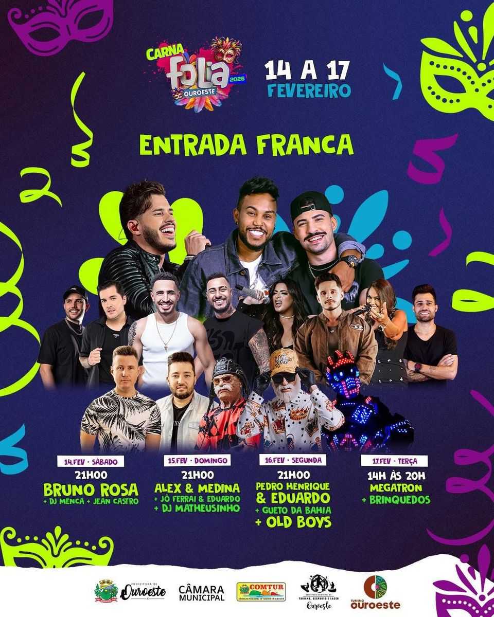Programação do Carna Folia Ouroeste 2026 é divulgado e promete quatro dias de festa com entrada gratuita