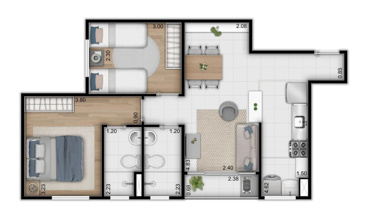 Planta 2 dormitorios 48m² 0