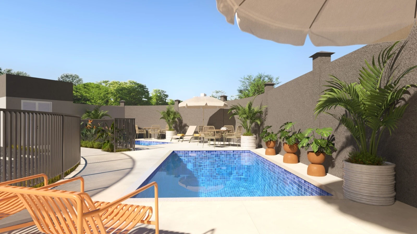 Piscina adulto e infantil integradas com deck