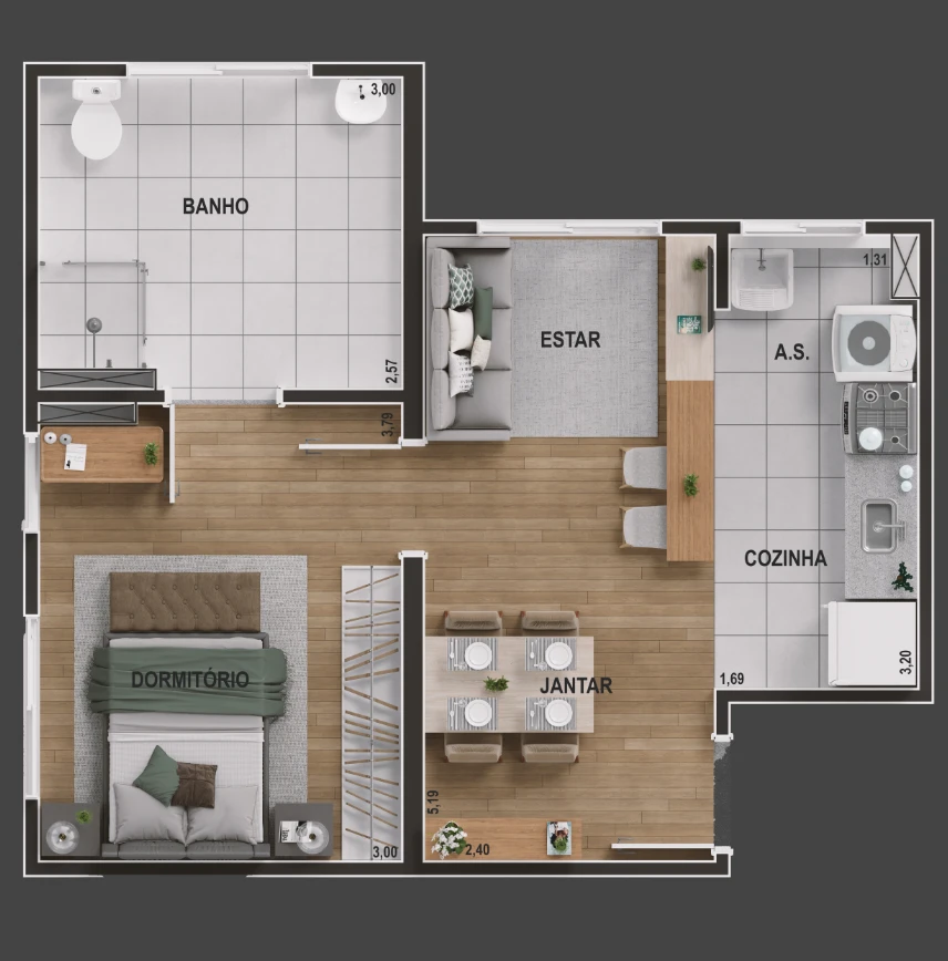 Apto com 43,57m² 0