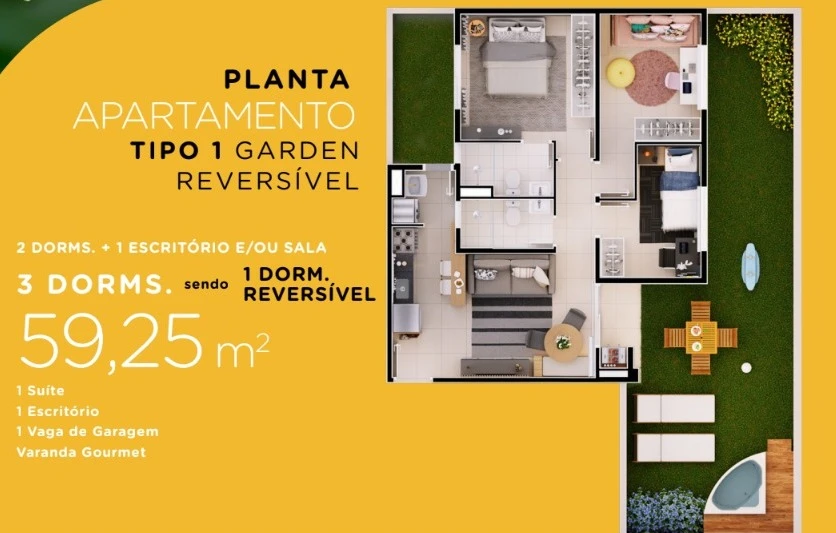 Apto com 59m² 0