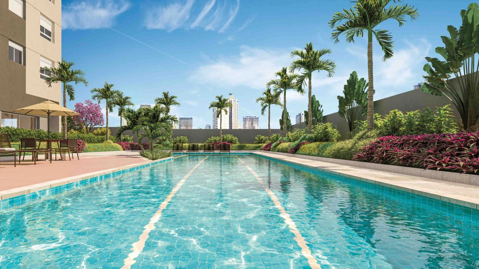 Piscina com deck molhado e solarium