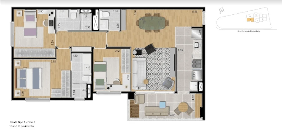 Planta 89m² com  3 dorms 0