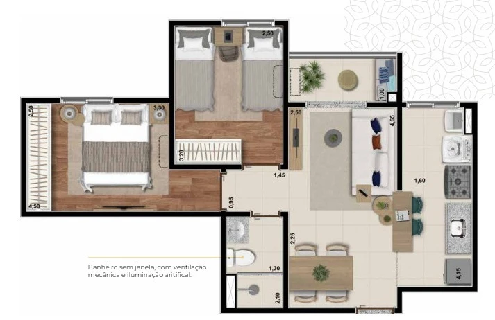 Apto com 49,74m² 0
