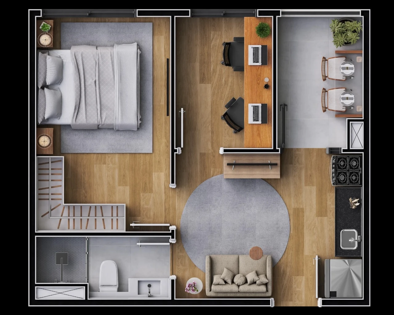 Planta de 1 Dormitório + Home Office 0