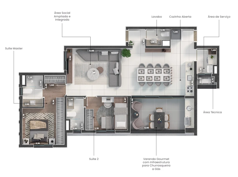 Planta 2 suítes e Living ampliado 1