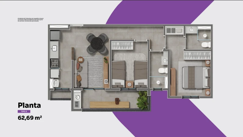 Planta 2 Dormitórios tipo 3 0