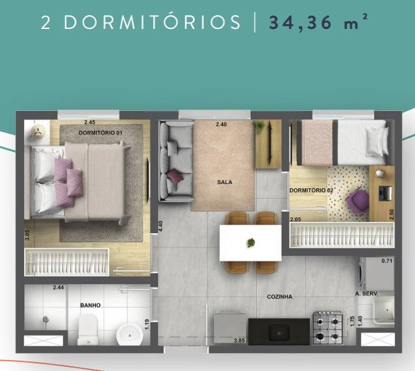 Planta 34m² - 2 dormitórios 0
