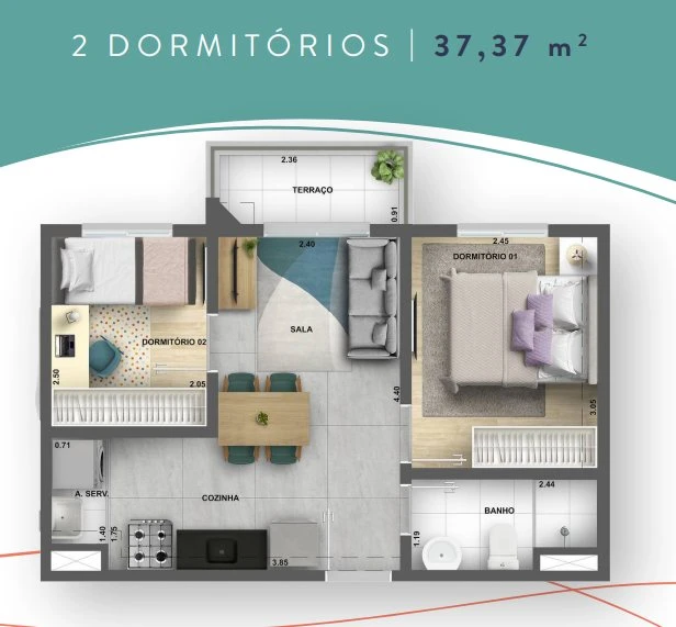 Planta 37m² - 2 dormitórios com terraço 0