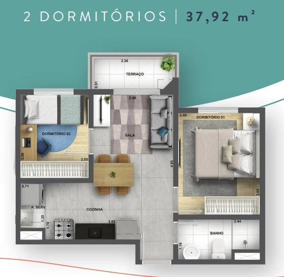 Planta 38m² - 2 dormitórios com terraço 0