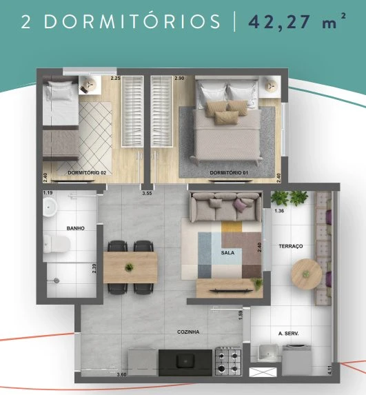 Planta 42m² - 2 dormitórios 0