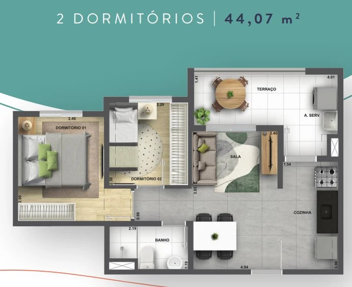 Planta 44m² - 2 dormitórios com terraço 0