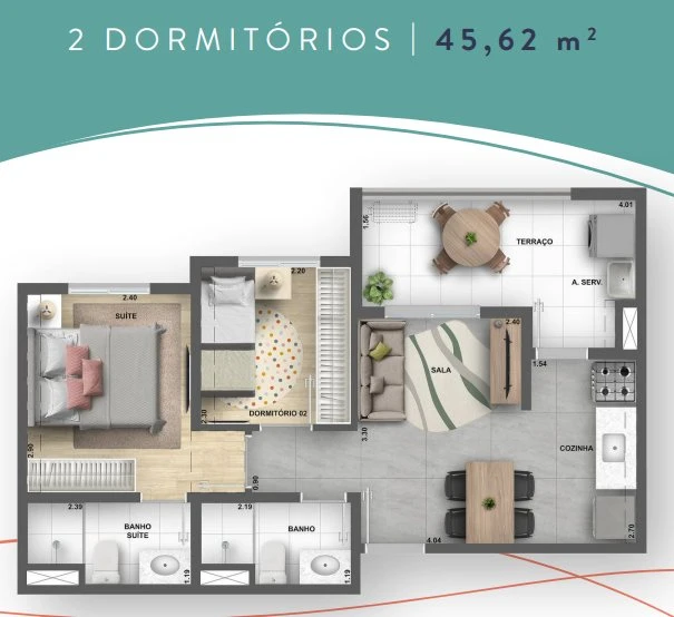 Planta 46m² - 2 dormitórios com suíte e terraço 0