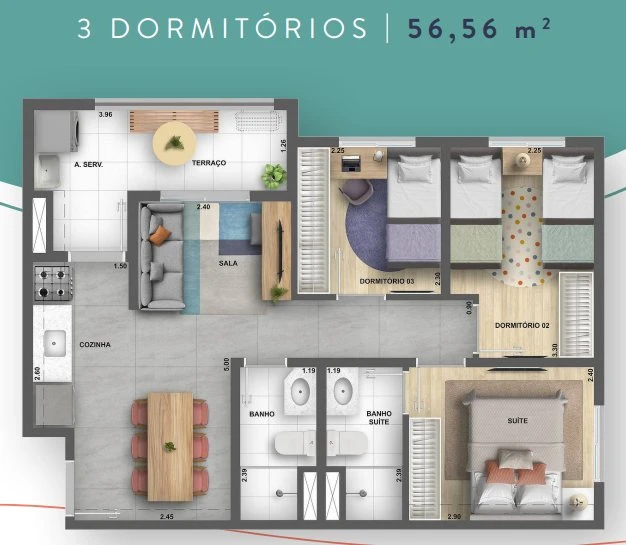 Planta 56m² - 3 dormitórios com suíte e terraço 0