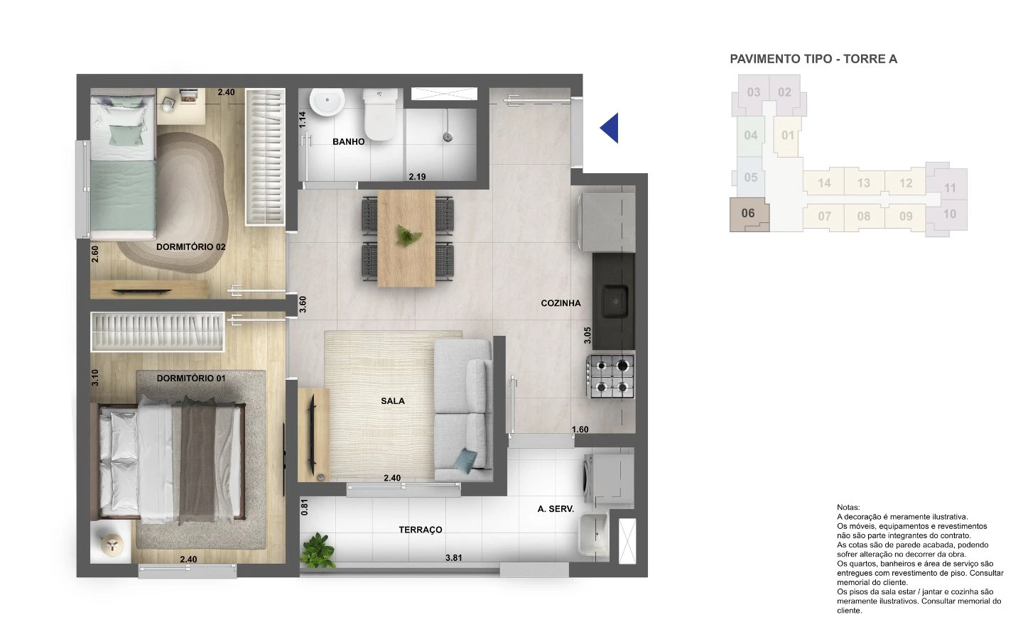 Planta tipo 2 - 2 dormitórios com terraço 0