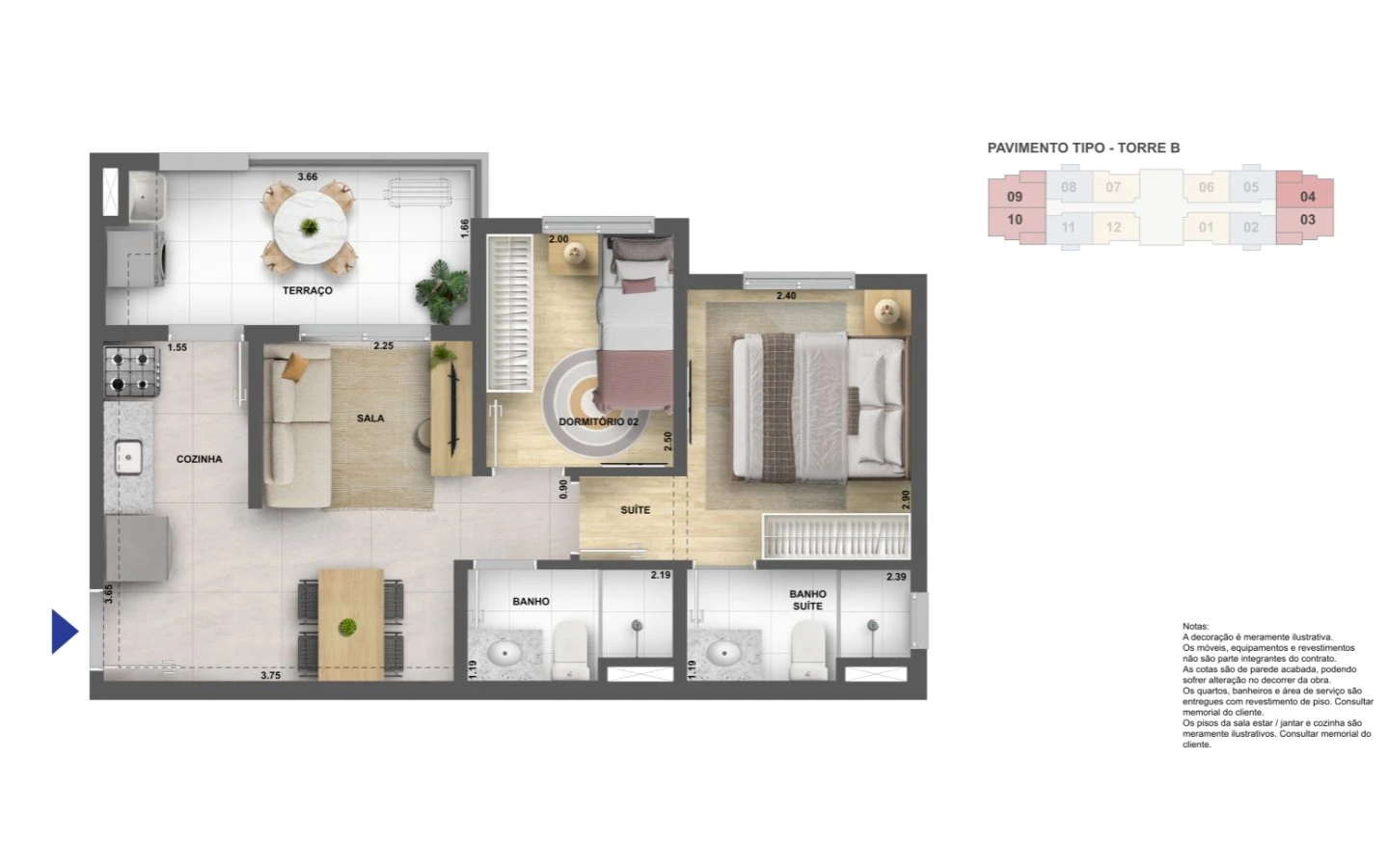 Planta tipo 5 - 2 dormitórios com suíte e terraço 0
