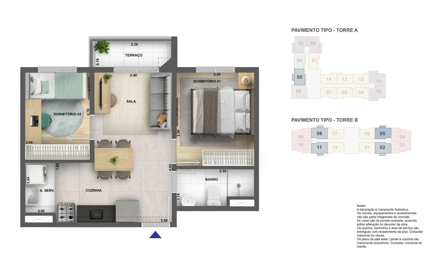 Planta tipo 6 - 2 dormitórios com terraço 0