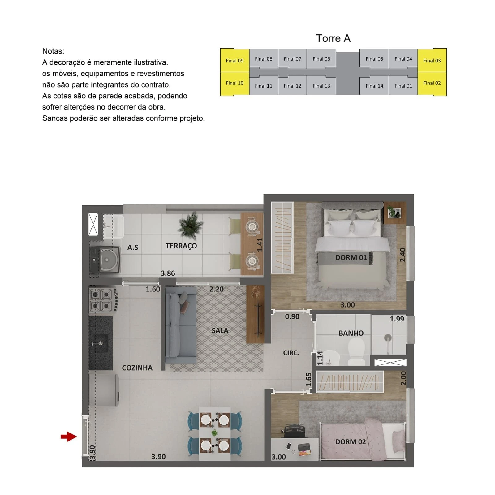Planta tipo 1 - 2 dormitórios com terraço 0