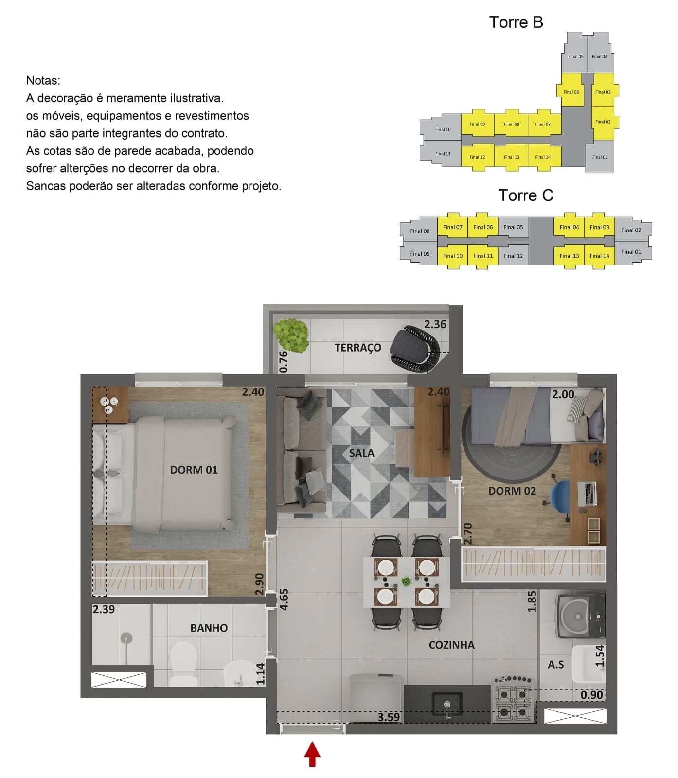 Planta tipo 5 - 2 dormitórios com terraço 0