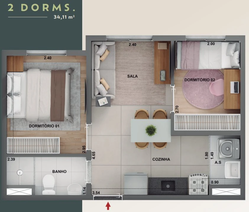 Planta 34,11m² - 2 dormitórios 0