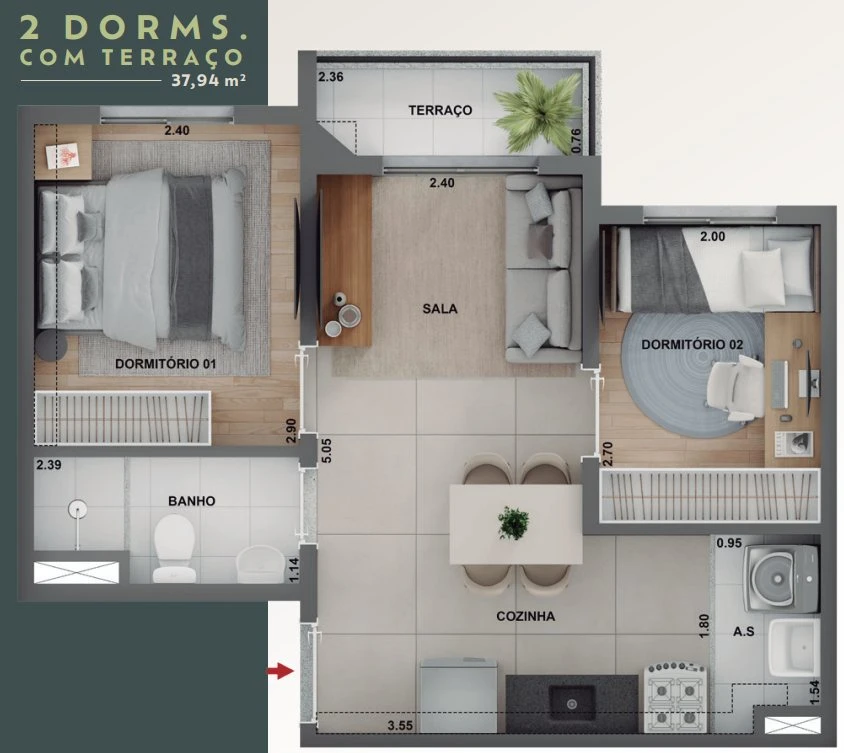 Planta 37,94m² com terraço - 2 dormitórios 0