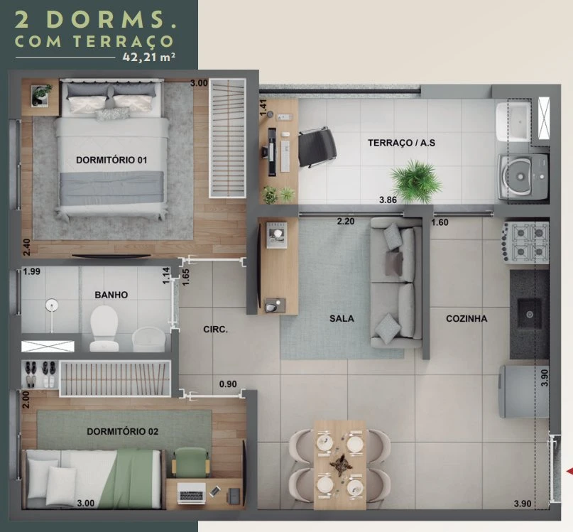 Planta 42,21m² com terraço - 2 dormitórios 0