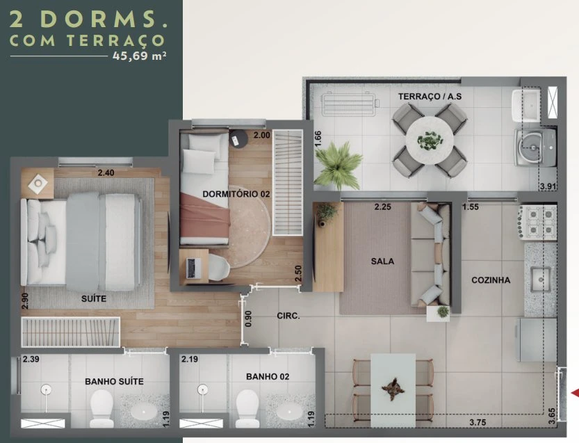 Planta 45,69m² com terraço - 2 dormitórios (suíte) 0