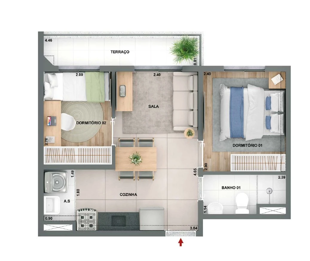 Planta 38,95m² - 2 dormitórios com varanda 0